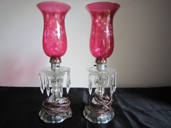 Pair - Ruby Glass Bohemian Etched Glass Hurricane Lamps, Clear Glass Base w/ Prisms