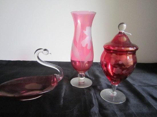 Lot - Ruby/Etched Glass Candy Dish Vase 10 1/4", Swan Trinket Dish, Floral/Berry Motif