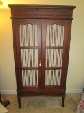 Dark Wood Standing 2 Drawer, 2 Door Cabinet w/ Fabric/Bar Motif w/ 3 Tier Inlay Shelves