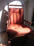 Ornate Carved Wood Rocking Chair w/ Floral/Red Upholstery