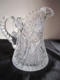 Crystal Cut Glass Star/Ornate Motif Pitcher Saw Tooth Rim