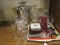 Lot - Wine Glasses, 2 Decanters, Houdini Wine Preserver Glass Photo Coasters