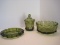 3 Pieces - Fostoria Coin Pattern Olive Green Round Bowl, Ashtray & Covered Candy Dish