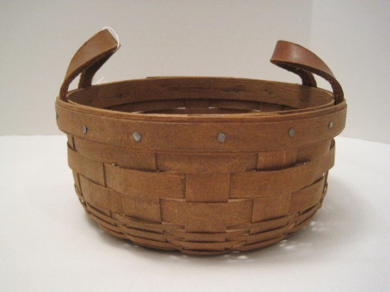 Longaberger Hand Woven Basket w/ Leather Strap Handles Signed on Base