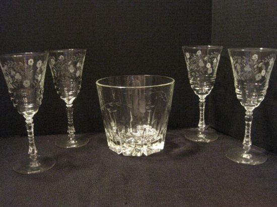 4 Vintage Stems Etched Flowers/Foliage Pattern Multifaceted 7 7/8" Stem