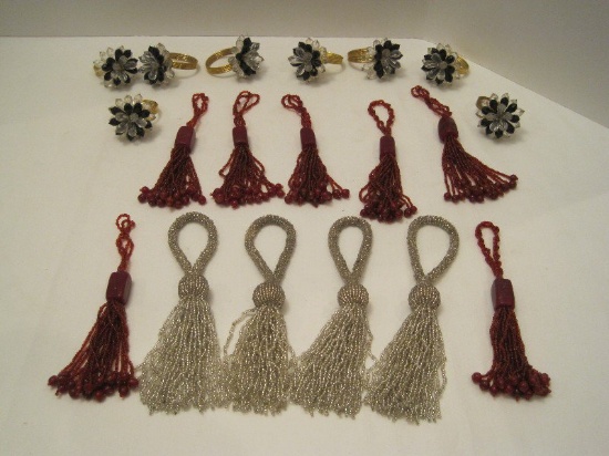 Lot - 7 Burgundy Glass Bead Tassel Napkin Rings, 4 Silvertone Beaded Tassel Napkin Rings