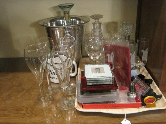 Lot - Wine Glasses, 2 Decanters, Houdini Wine Preserver Glass Photo Coasters