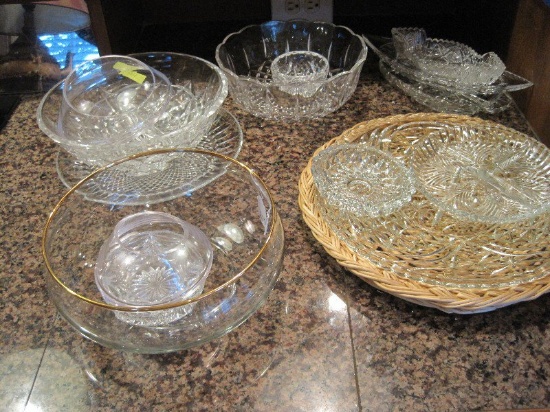 Lot - Crystal/Pressed Glass Relish, Serving Bowls, Platters, Ashtrays, Etc. Drapery, Hobstar