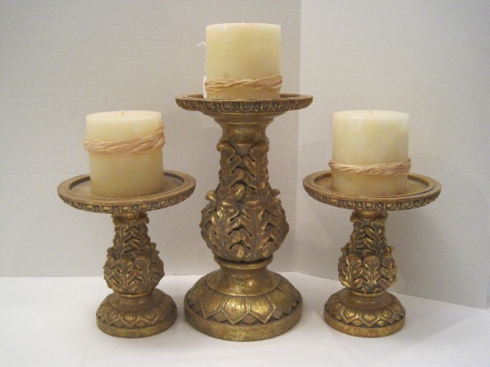 Molded 3 Piece Sullivan Pillar Candle Stands Relief Acanthus Leaves Gilded Antiqued Patina
