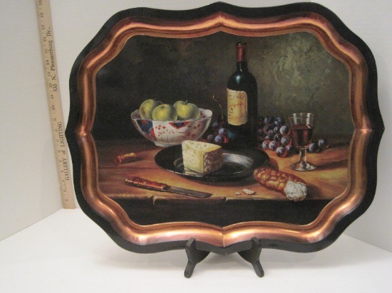 Decorative Metal Tray Wine, Cheese & Fruit Design Copper Finish Trim