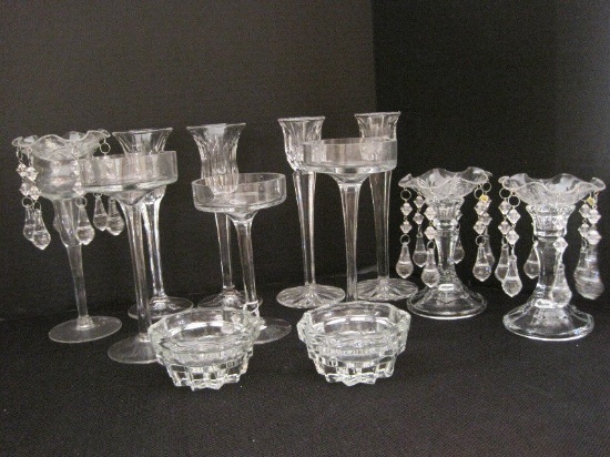 Lot - Crystal/Pressed Glass Candle Sticks/Pillar Candle Stands 3 Bobeches