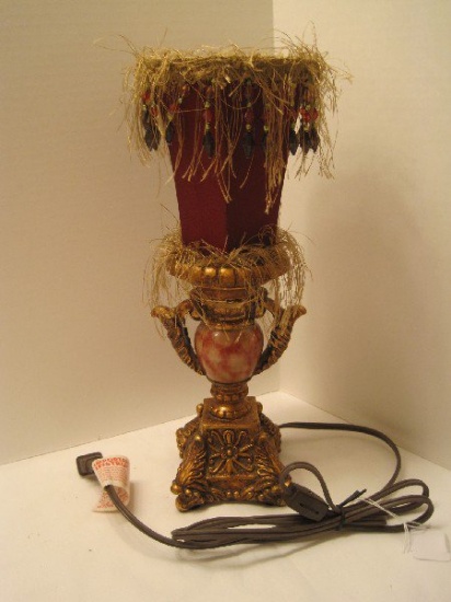 Ornately Embellished Urn Form Accent Lamp Beaded/Fringe Shade
