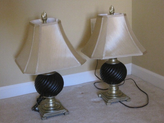 Pair - Resin Table Lamps Swirl Sphere Design Antiqued Gilded Plinth Base