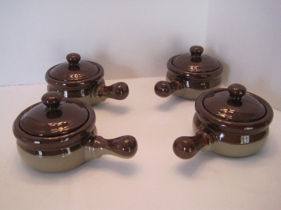 4 Stoneware French Onion Soup Handle Crocks w/ Lids Brown Glaze