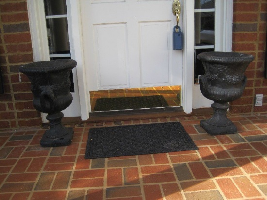 2 Concrete Urn Planters w/ Relief Swag Design & Double Handles Black Finish