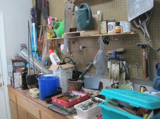 Super Lot - Misc. Hardware, Tools, 2 Pair Saw Horses, Wrenches, Hammers, Hatches, Etc.