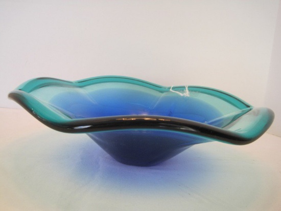 Hand Blown Art Glass Bowl Teal to Cobalt Center w/ Scalloped Edge & Ground Base