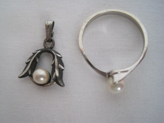 Plainville Stock Co. Pearl Ring Band Stamped 10K & Curtis Jewelry Mfg. Sterling Pearl Pendant