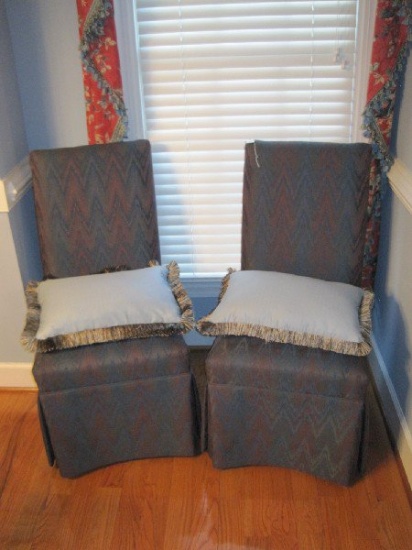 Pair - Parson Chairs w/ Pleated Skirt & Fringe Accent Pillows