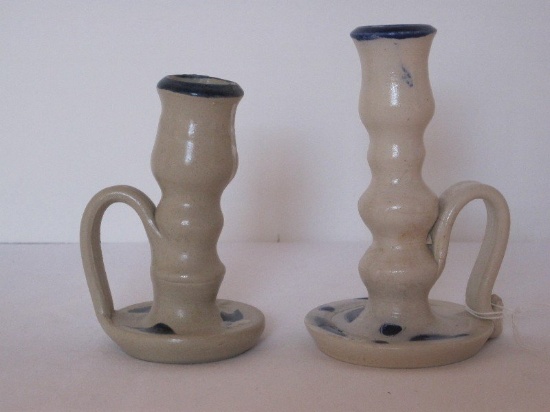 2 Williamsburg Pottery Salt Glaze Chamber Candle Sticks Cobalt Leaves/Trim