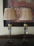 Pair - French Inspired Banquet Lamps w/ Amber Vertical Design Urn Fonts