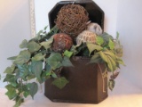 Faux Leather Decorative Box w/ Hinged Lid, Greenery & Spheres