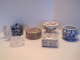 Lot - Semi-Porcelain, Ceramic & Crystal Covered Trinket Boxes, Bud Vases, Powder Dish