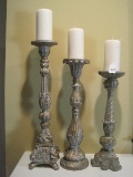 3 Resin Ornately Embellished Classic French Style Pillar Candle Stands, Antiqued Gilded Patina