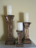 3 Resin Grecian Columns Design Graduating Height Pillar Candle Stands, Antiqued Patina