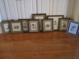 8 Framed Cross Stitch Skier, Wheelbarrow w/ Flowers, Bell, Country Mail Box, Hand Pump, Etc.