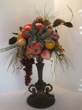 Center Piece Cast Metal Stand w/ Fruit & Foliage Arrangement on Double Handled Plinth Base