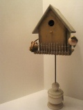 Rustic Decorative Bird House w/ Picket Fence & Wooden Base