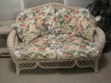 Henry Link Wicker Settee White Wash Finish w/ Floral Upholstery Cushions