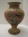 Ceramic Footed Vase Floral Bouquet Design Vase w/ Gilded Trim/Craquelure Finish