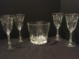 4 Vintage Stems Etched Flowers/Foliage Pattern Multifaceted 7 7/8