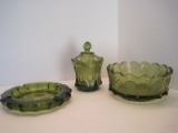 3 Pieces - Fostoria Coin Pattern Olive Green Round Bowl, Ashtray & Covered Candy Dish