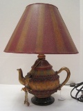 Quaint Resin Teapot Decorative Lamp w/ Painted Stripe Shade