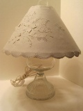 Pressed Glass Converted Pedestal Oil Lamp w/ Chimney & Pierced Silhouette Lamp Shade
