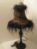 Shabby Chic Black Metal Candle Stick Accent Lamp w/ Leopard Shade Trimmed w/ Feathers