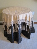 Particle Board Round Table w/ Floral Needlework Fringe Table Scarf