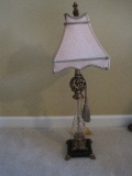Classic French Style Table Lamp Crystal Font, Black Lacquer/Gilt Finish Base & Tassel
