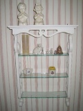 Lot - White Decorative Wall 3 Tier Glass Shelves & Figurines