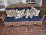 Henry Link Natural Finish Wicker Sofa w/ Navy Cushions & Accent Pillows