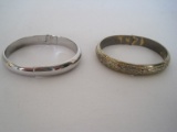 2 Whiting & Davis Co. Hinged Bracelets Silvertone & Flower/Foliage Relief Design