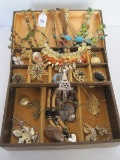 Jewelry Box w/ Costume Jewelry Chokers, Brooches, Locket Heart Shape Pendant