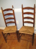 Pair - Pine Ladder Back Chairs w/ Rush Seats