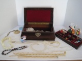 Cherry Finish Jewelry Box w/ Lock/Key & Costume Jewelry Necklaces, Pierced Earrings