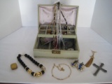 Vintage Jewelry Box w/ Costume Jewelry Multi-Strand Necklaces, Sweater Clasp, 