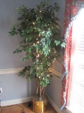 Lighted 6' Silk Ficus Tree in Hammered Finish Brass Planter w/ Pierce Foliate Design Handles