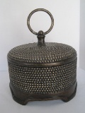 Resin Round Covered Box Asian Beaded Design w/ Loop Handle Antiqued Patina